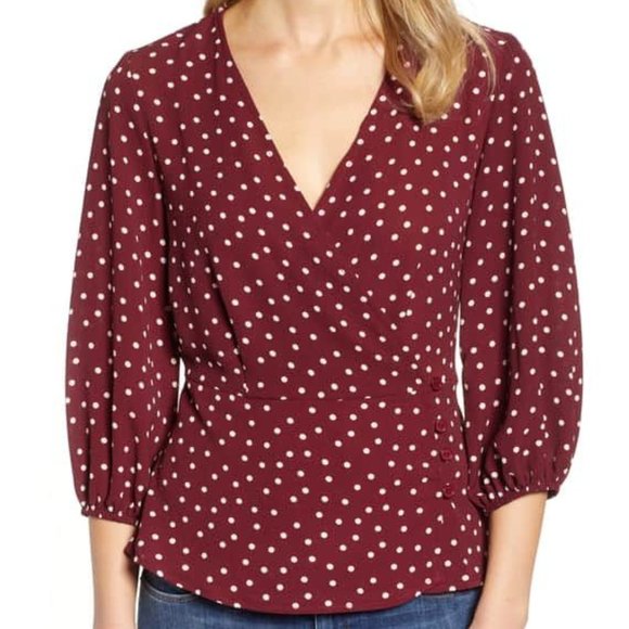bobeau Tops - Bobeau Side Button Wrap Blouse Burgundy/Ivory Dot